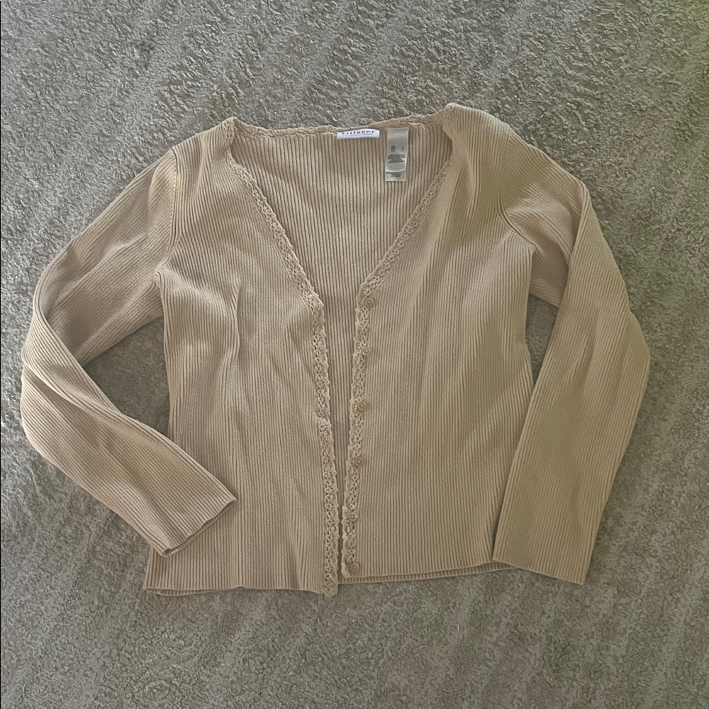 Vintage Villager Light Tan Ribbed V-Neck Lace Embellished Sweater Cardigan Large